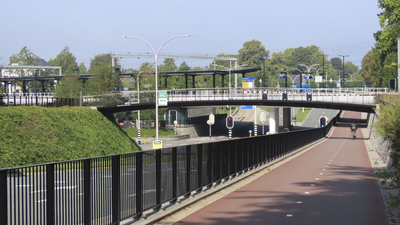 902683 Gezicht op het N.S.-station Driebergen-Zeist, vanaf het fietspad langs de Arnhemse Bovenweg. Op de voorgrond het ...